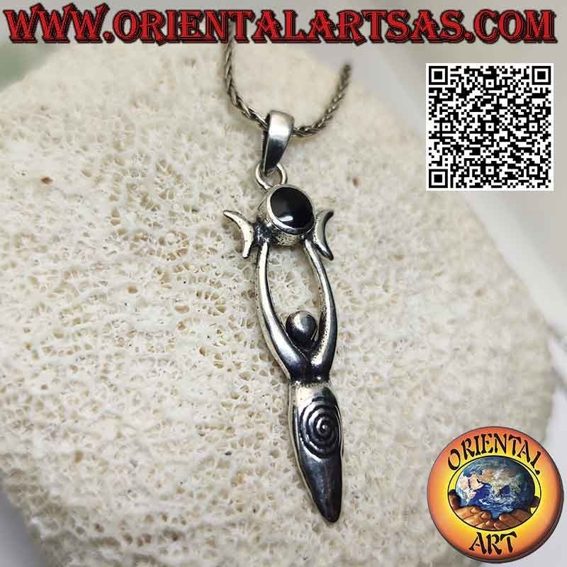 Ciondolo in argento, la dea Madre "Aradia" con triplice luna wicca (onice tondo centrale)