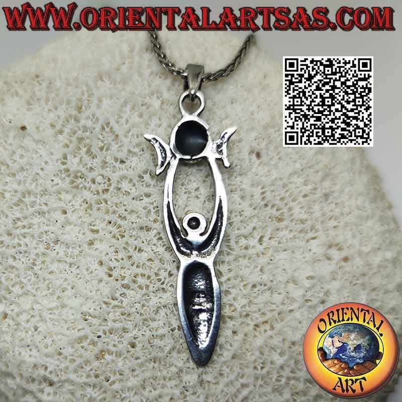 Colgante de plata, la Diosa Madre "Aradia" con triple luna wicca (ónix redondo central)