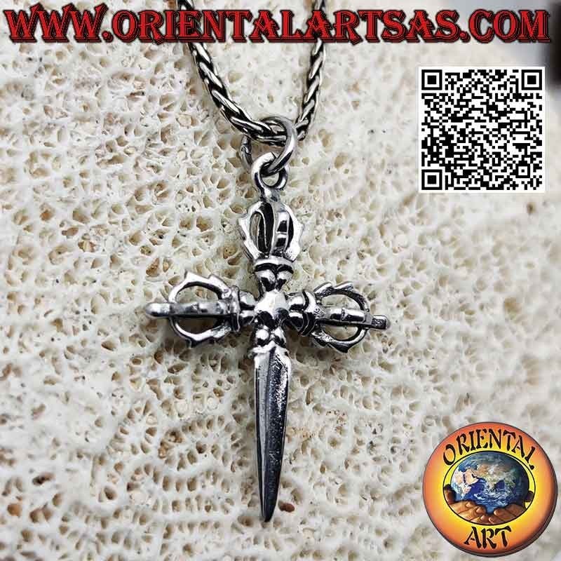 Pendentif en argent, phurba tibétain avec triple dorje tridimensionnel
