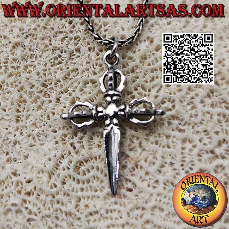 Colgante de plata, phurba tibetana con triple dorje tridimensional