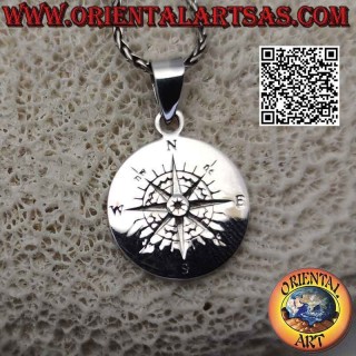 Colgante de plata, medalla redonda con rosa de los vientos grabada (brújula)