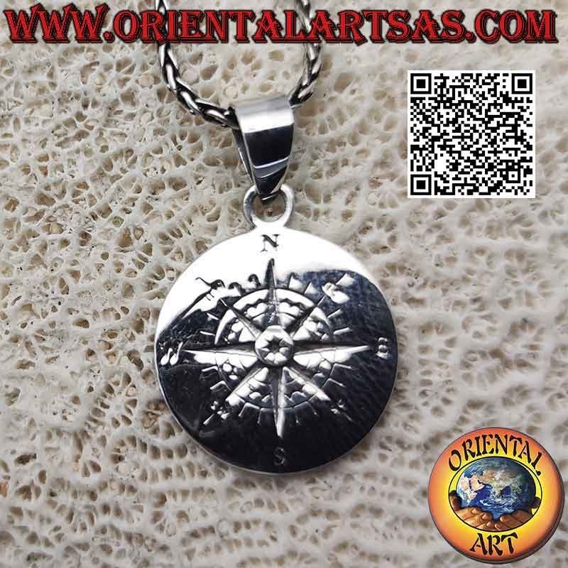 Ciondolo in argento medaglia tonda con rosa dei venti (bussola) incisa