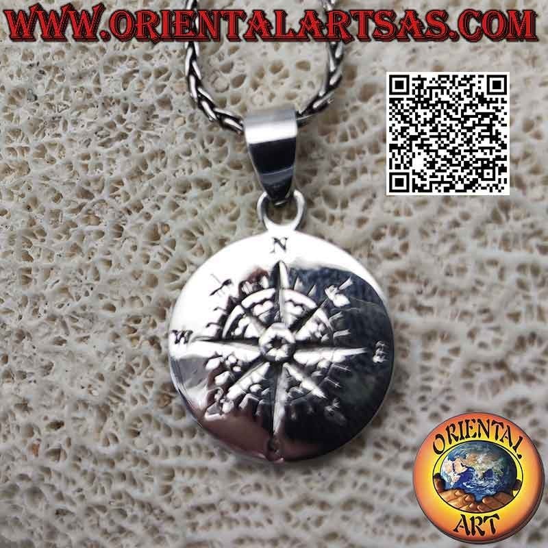 Pendentif en argent, médaille ronde avec rose des vents gravée (boussole)