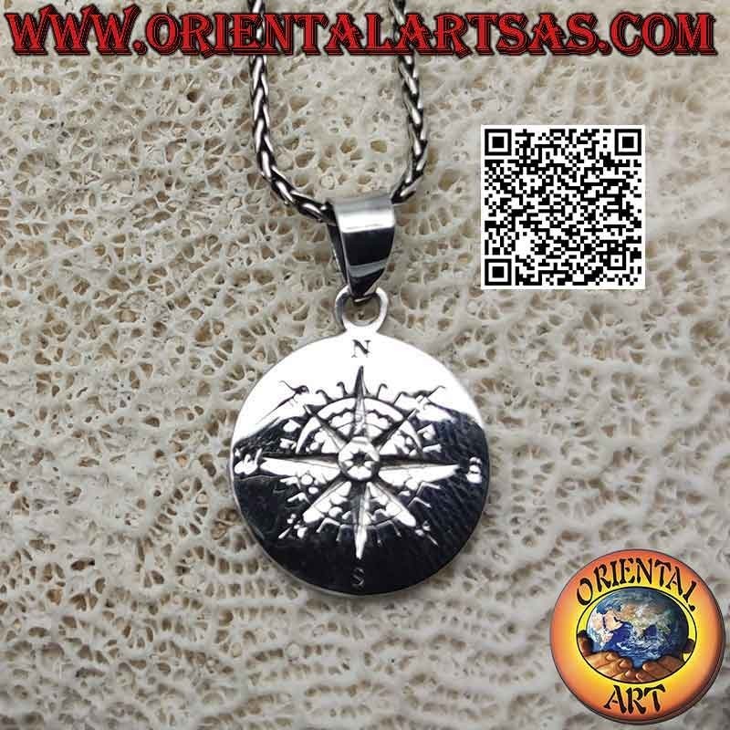Silver pendant, round medal with engraved wind rose (compass)