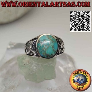 Anello in argento con turchese naturale dell'Arizona ovale e decoro floreale sui lati