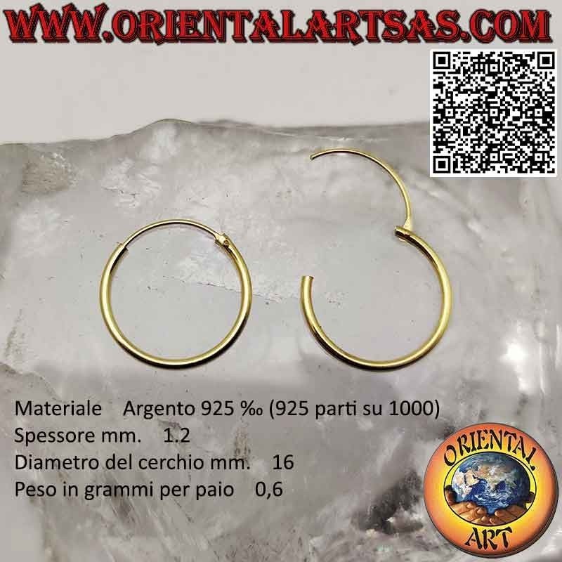 Orecchini in argento a cerchio lisci placcati in oro da 1,2 mm di spessore