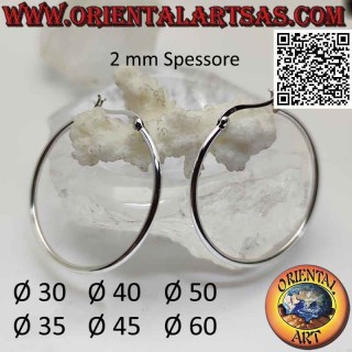 Orecchini in argento, cerchi lisci semplici da 2 di spessore da 30 mm Ø a 60 mm Ø (leva)