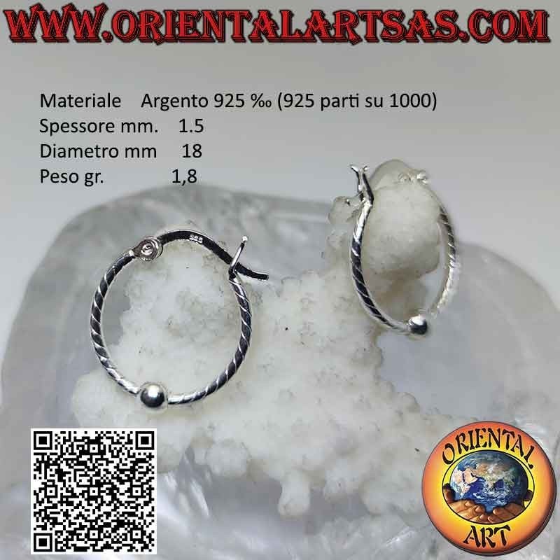 Boucle d'oreille en argent 925‰, cercle travaillé avec des bandes avec boule centrale de 4 mm (levier)