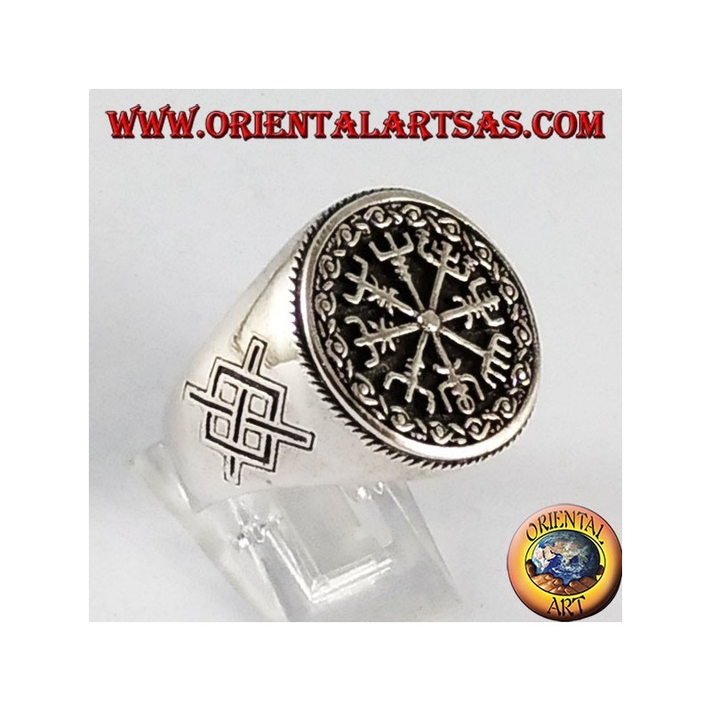 Bague en argent, vegvisir avec Gungnir, la lance d'Odin, Rune
