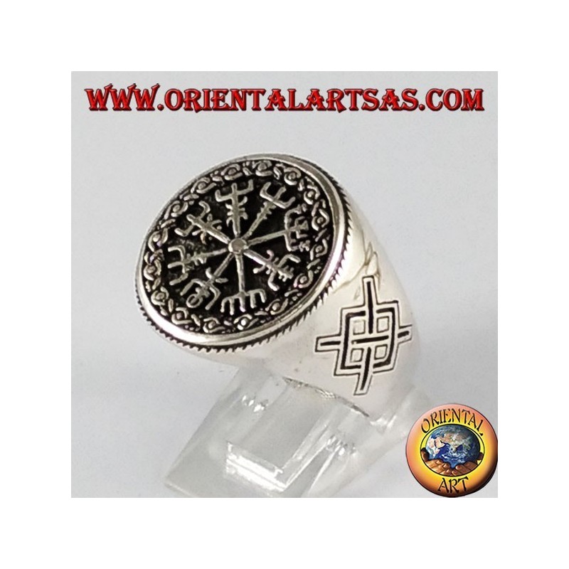 Silber Ring, vegvisir mit Gungnir, Odins Speer, Rune