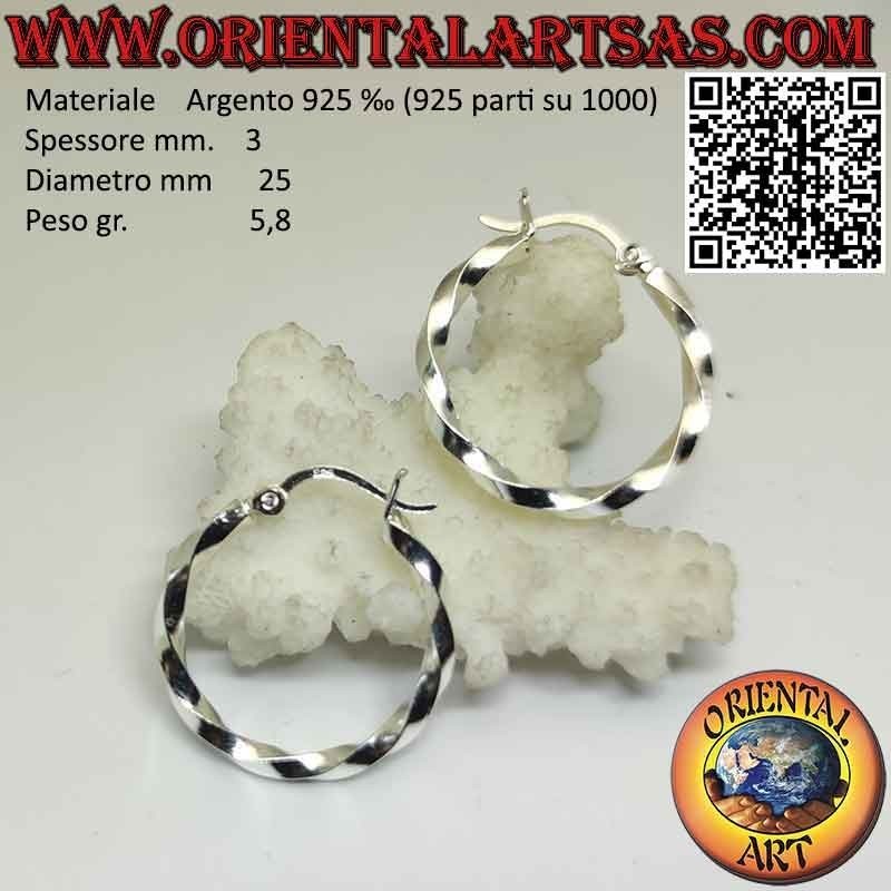 Boucles d'oreilles en argent, cercles lisses torsadés de 3 mm d'épaisseur (levier)
