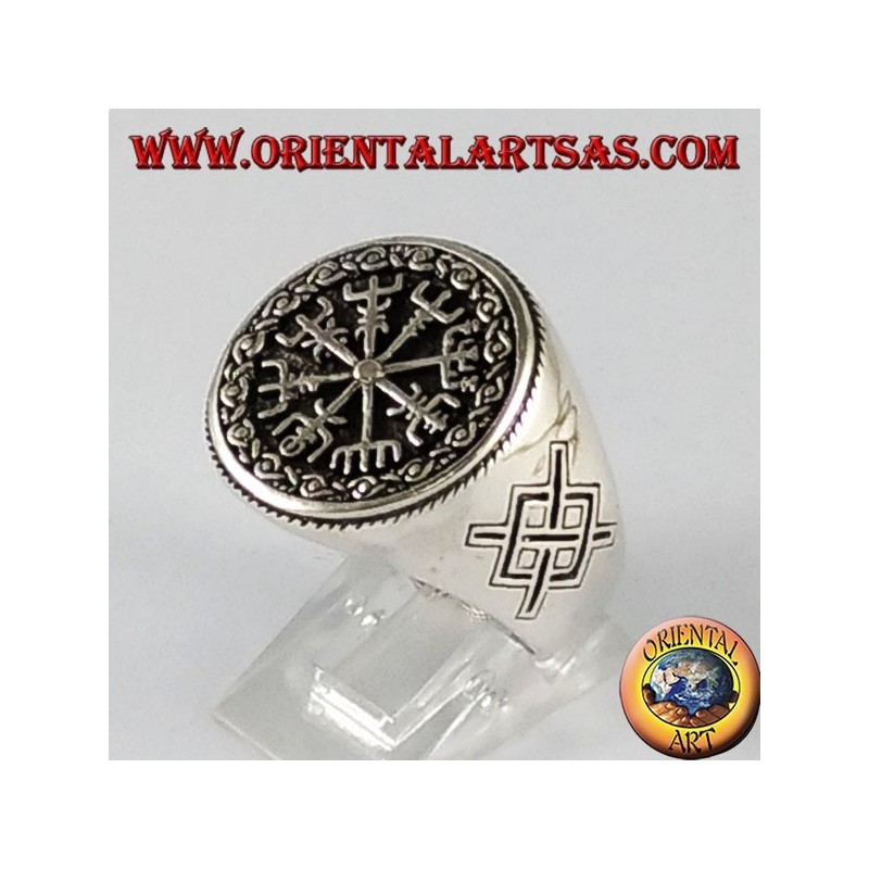 Bague en argent, vegvisir avec Gungnir, la lance d'Odin, Rune
