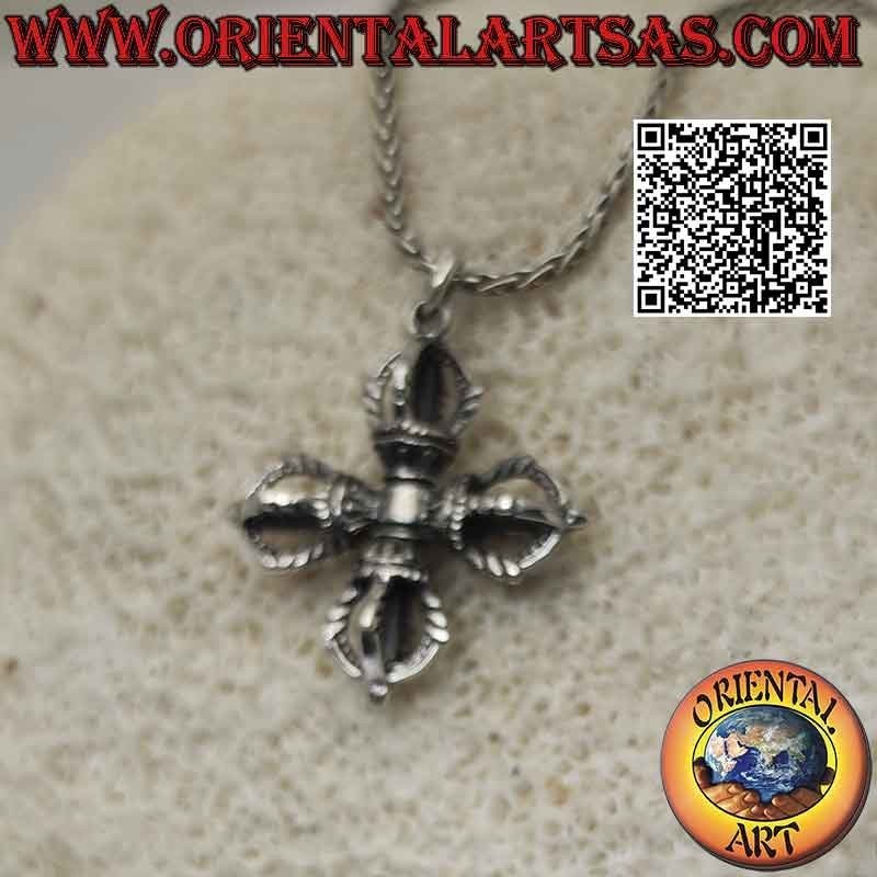 Pendentif en argent en forme de Vishvajra ou double Dorje tibétain tridimensionnel (croix tibétaine)
