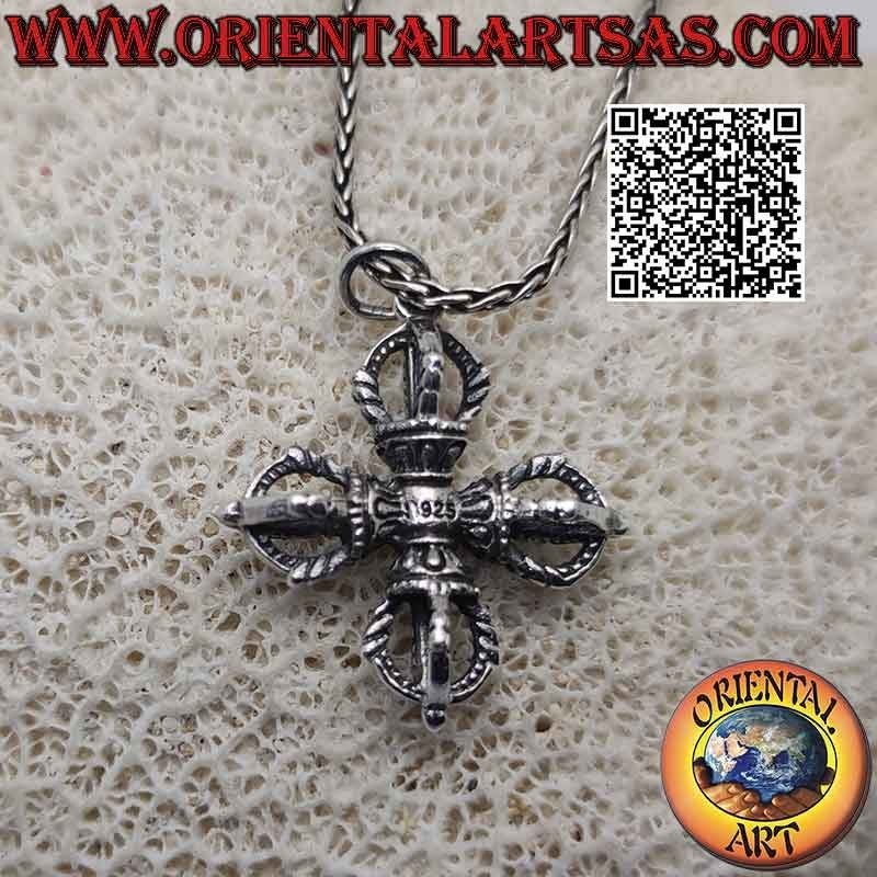 Pendentif en argent en forme de Vishvajra ou double Dorje tibétain tridimensionnel (croix tibétaine)