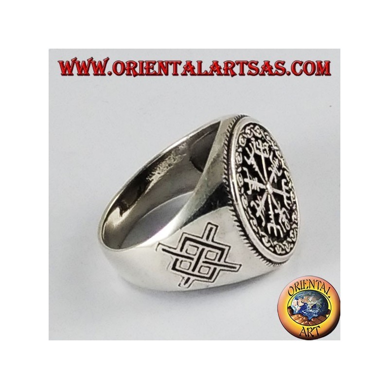 Anello d'argento , vegvisir con Gungnir, lancia di Odino, runa