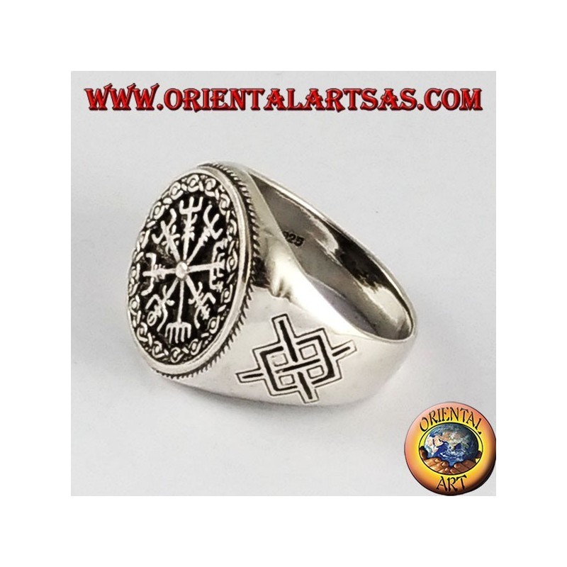 anillo de plata, vegvisir con Gungnir, la lanza de Odín, runa