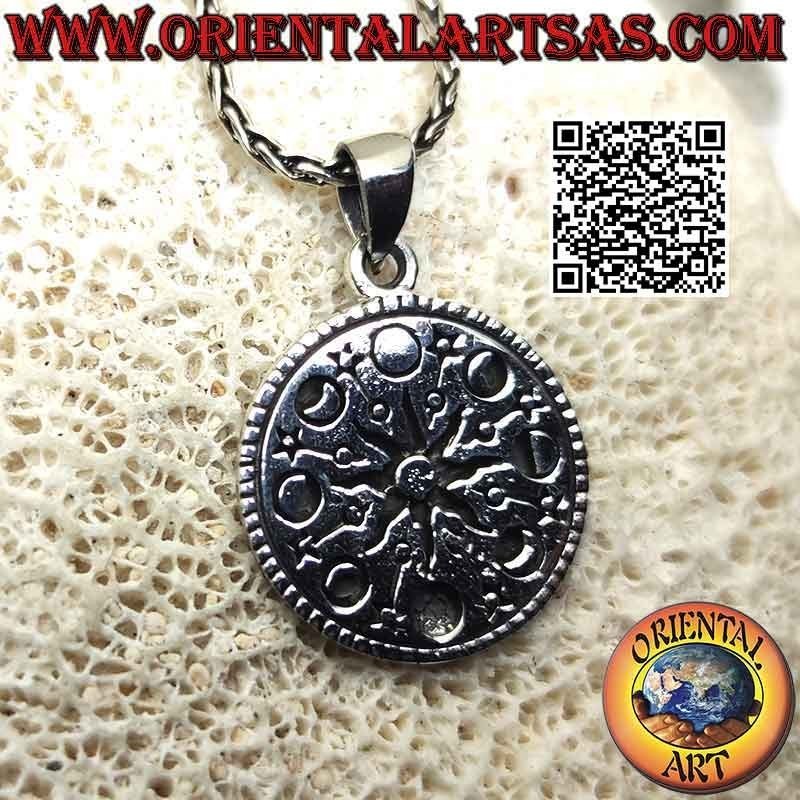 Silver pendant, medal with central sun and engraved moon phases