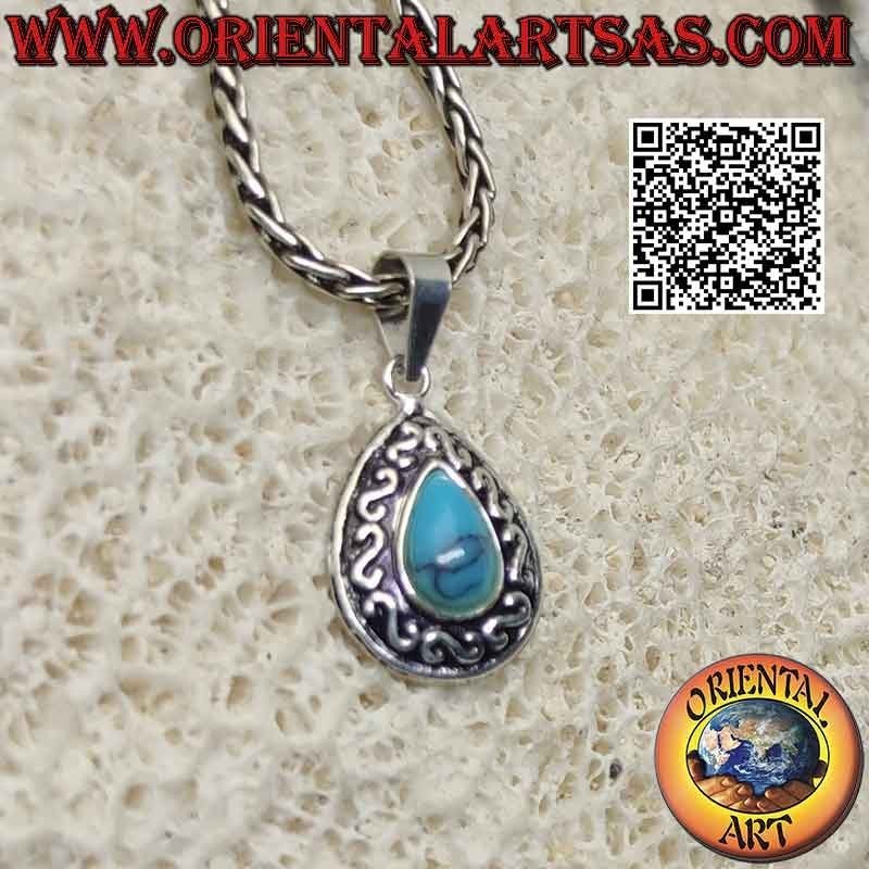 Colgante de plata con cabujón gota turquesa y decoración en "S" o bajorrelieve griego