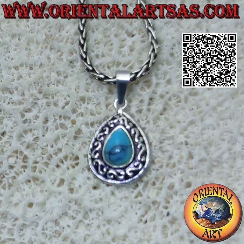 Pendentif en argent avec cabochon goutte turquoise et décoration "S" ou bas-relief grec