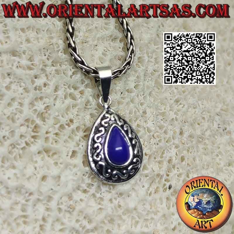 Pendentif en argent avec cabochon goutte de sodalite et décoration "S" ou bas-relief grec