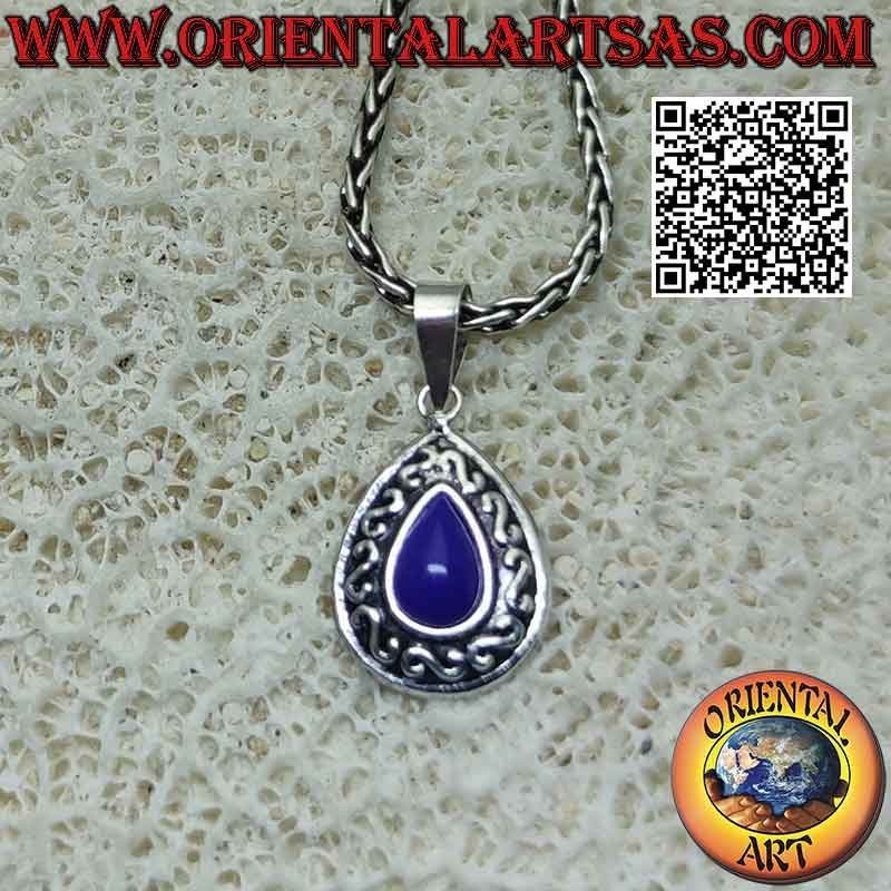 Ciondolo in argento con sodalite a goccia cabochon e decoro a "S" o greche a bassorilievo