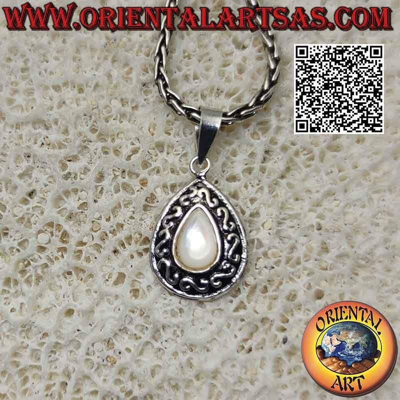 Silberanhänger mit Cabochon-Tropfen aus Perlmutt und "S" oder griechischem Flachrelief