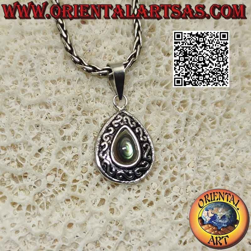 Silver pendant with cabochon drop abalone and "S" or Greek relief decoration