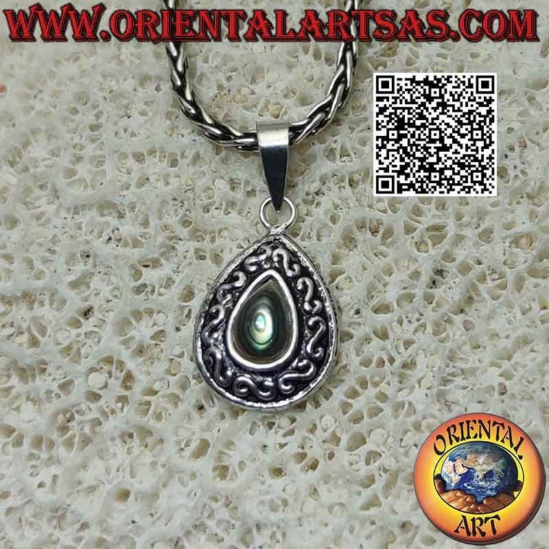 Ciondolo in argento con abalone a goccia cabochon e decoro a "S" o greche a bassorilievo