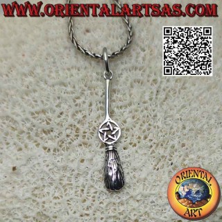 Silver pendant, the witch's flying broom with pentacle