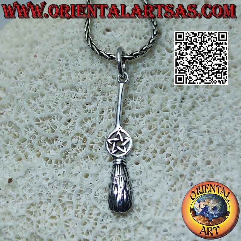 Silver pendant, the witch's flying broom with pentacle