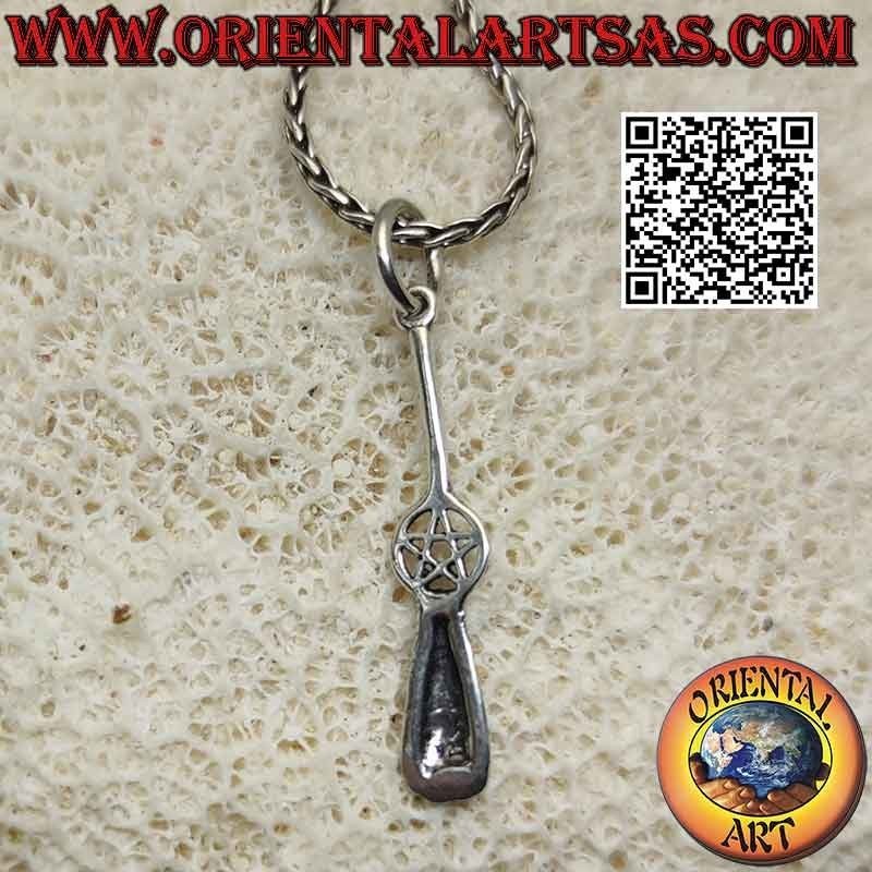 Silver pendant, the witch's flying broom with pentacle