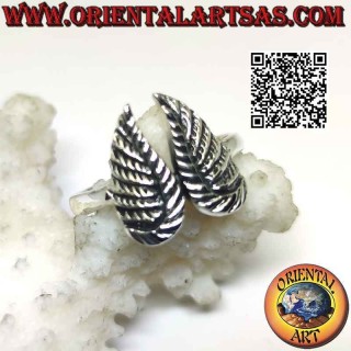 Bague en argent avec double ailes d'ange avec plumes en relief (soudées)