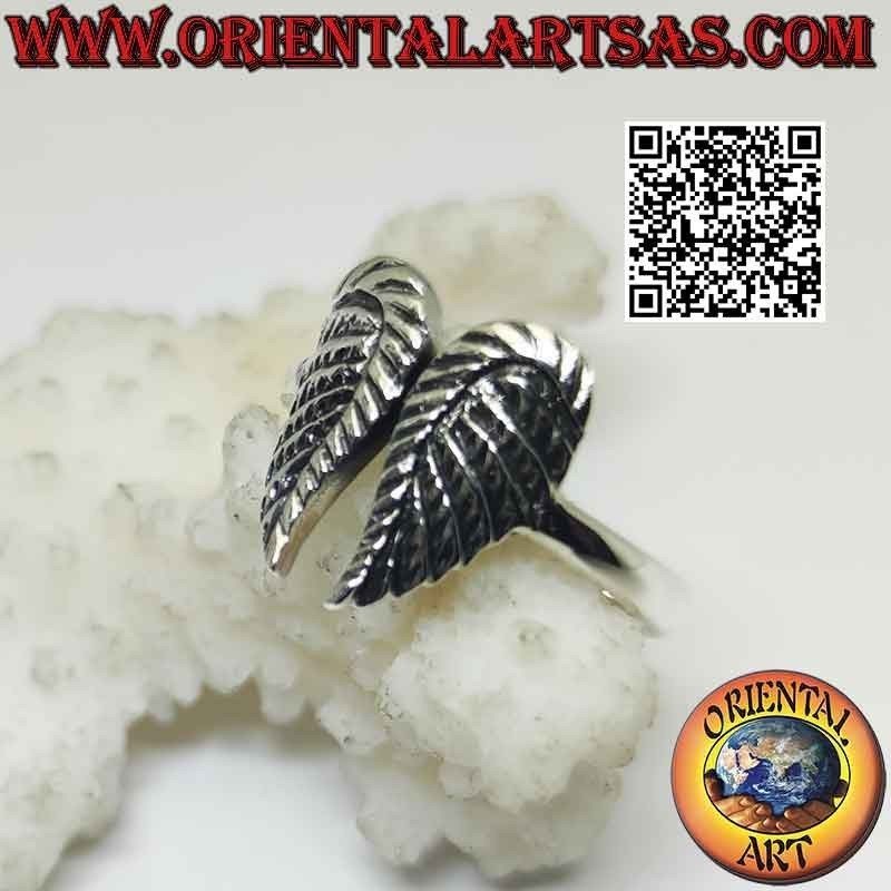 Silver ring with double angel wings with embossed feathers (soldered)