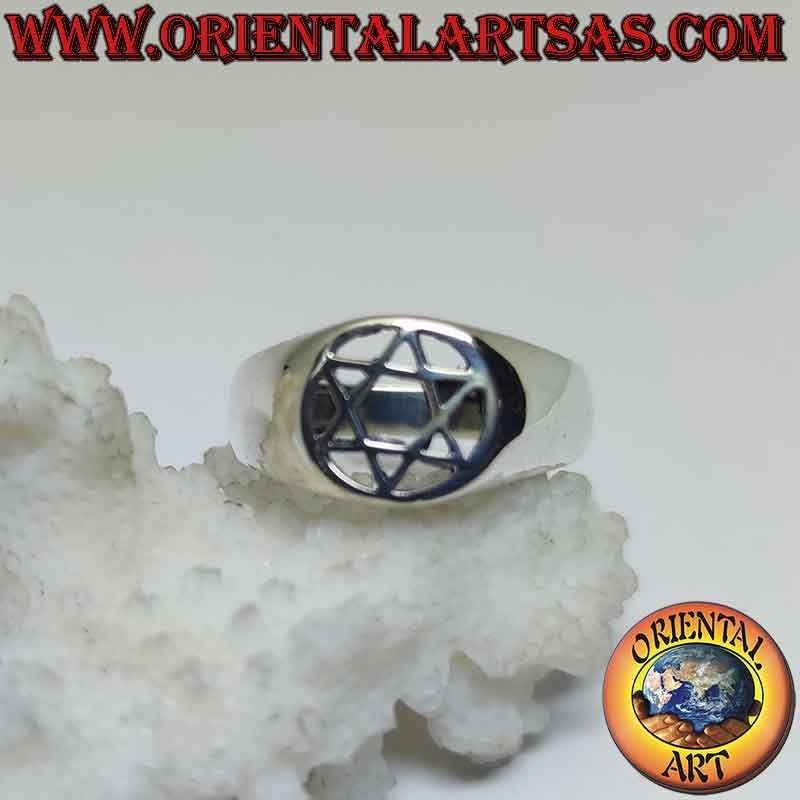Silver ring with star of David (6-pointed star) in the perforated circle on a smooth setting