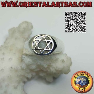 Silver ring with star of David (6-pointed star) in the perforated circle on a smooth setting