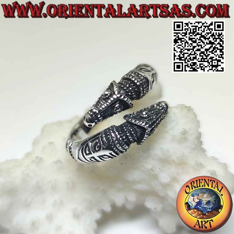 Anello in argento coppia di teste di cerbero o segugi infernali (regolabile)