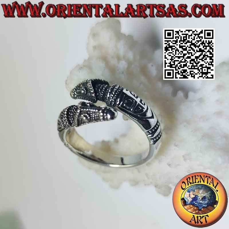 Bague en argent paire de têtes de cerbères ou chiens de l'enfer (réglable)