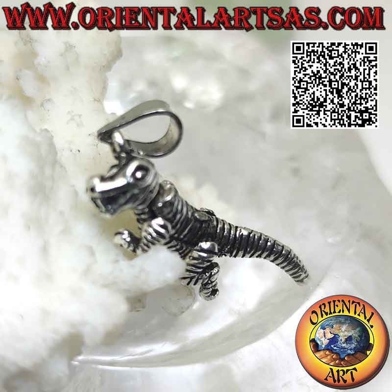 Silver pendant in the shape of a three-dimensional mobile (moving) T-Rex (Tyrannosaurus rex) dinosaur