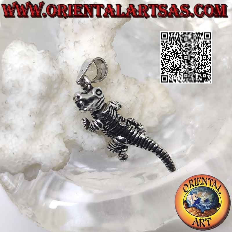 Silver pendant in the shape of a three-dimensional mobile (moving) T-Rex (Tyrannosaurus rex) dinosaur