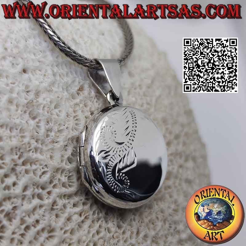 Foto colgante redondo plano liso de plata con grabado floral en la mitad (Ø 20 mm)