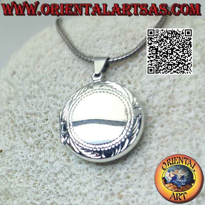 Cadre photo argent plat rond lisse avec cadre fleuri gravé (Ø 24 mm)