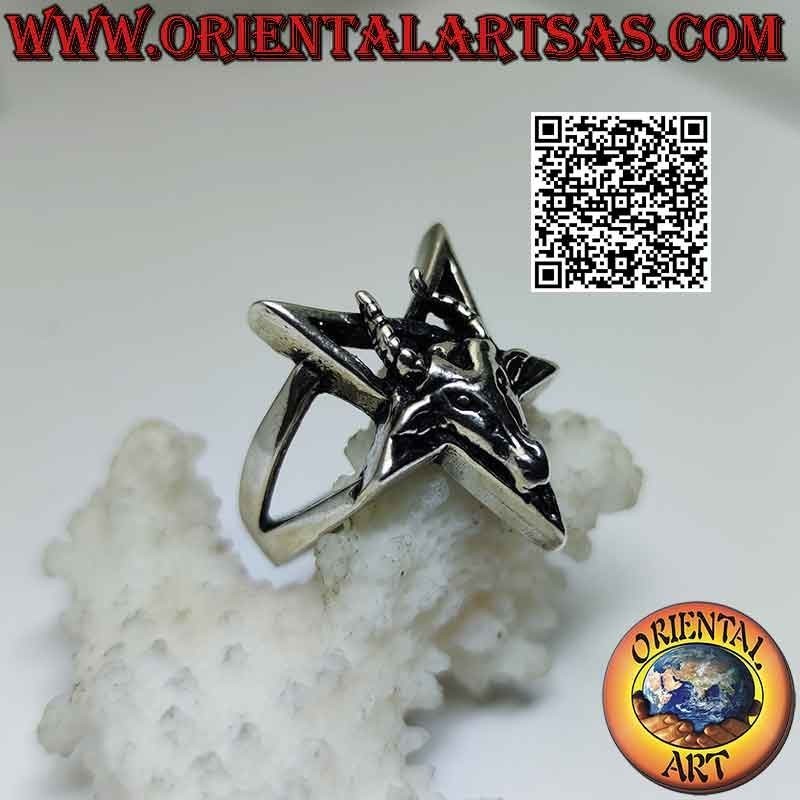 Bague en argent, pentacle inversé avec Baphomet (Baphomet) "le bouc de Mendès" superposé