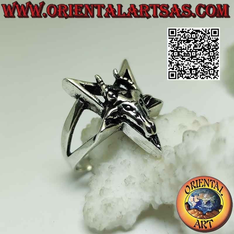 Anillo de plata, pentáculo invertido con Baphomet (Baphomet) "la Cabra de Mendes" superpuesta