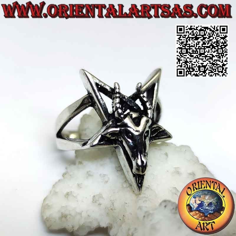 Anillo de plata, pentáculo invertido con Baphomet (Baphomet) "la Cabra de Mendes" superpuesta