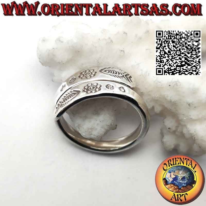 Anillo de plata de doble banda con grabados de espejo karen (ajustable)