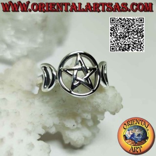 Smooth silver ring with triple moon symbol goddess wicca (pierced pentacle)