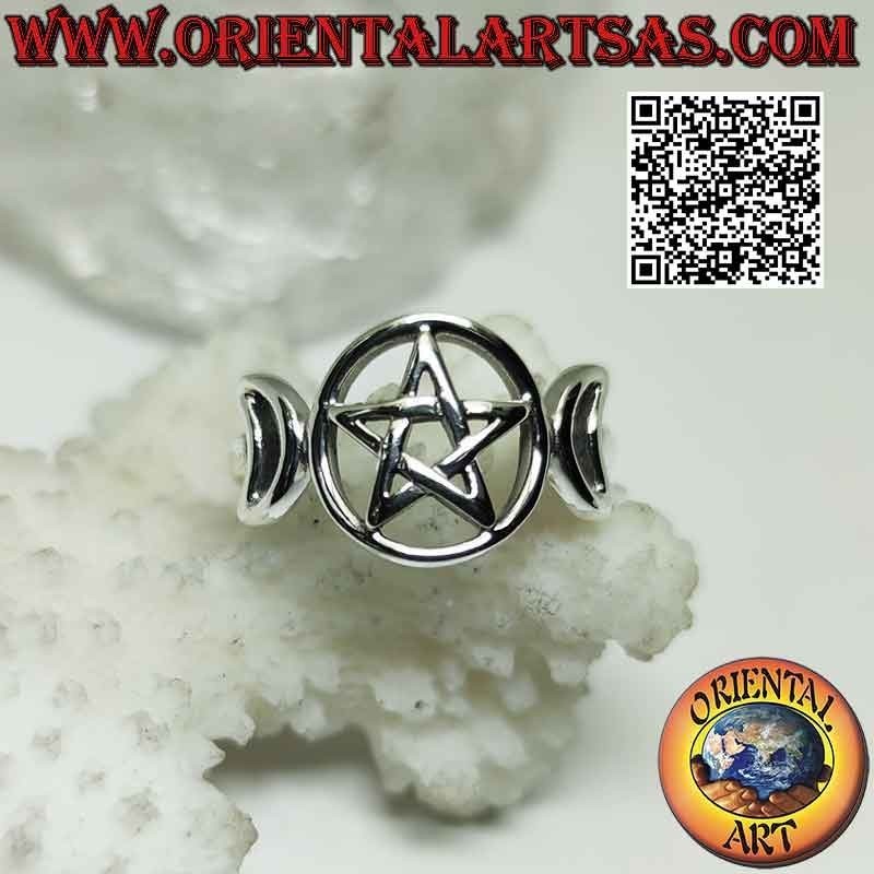 Glatter Silberring mit dreifachem Mondsymbol Göttin Wicca (durchbohrtes Pentagramm)