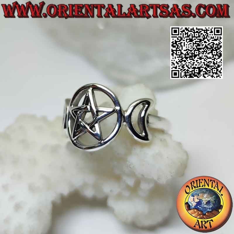 Anillo de plata lisa con símbolo de triple luna diosa wicca (pentáculo perforado)