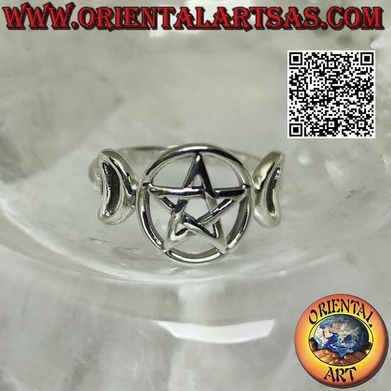 Bague en argent lisse avec symbole triple lune déesse wicca (pentacle ajouré)