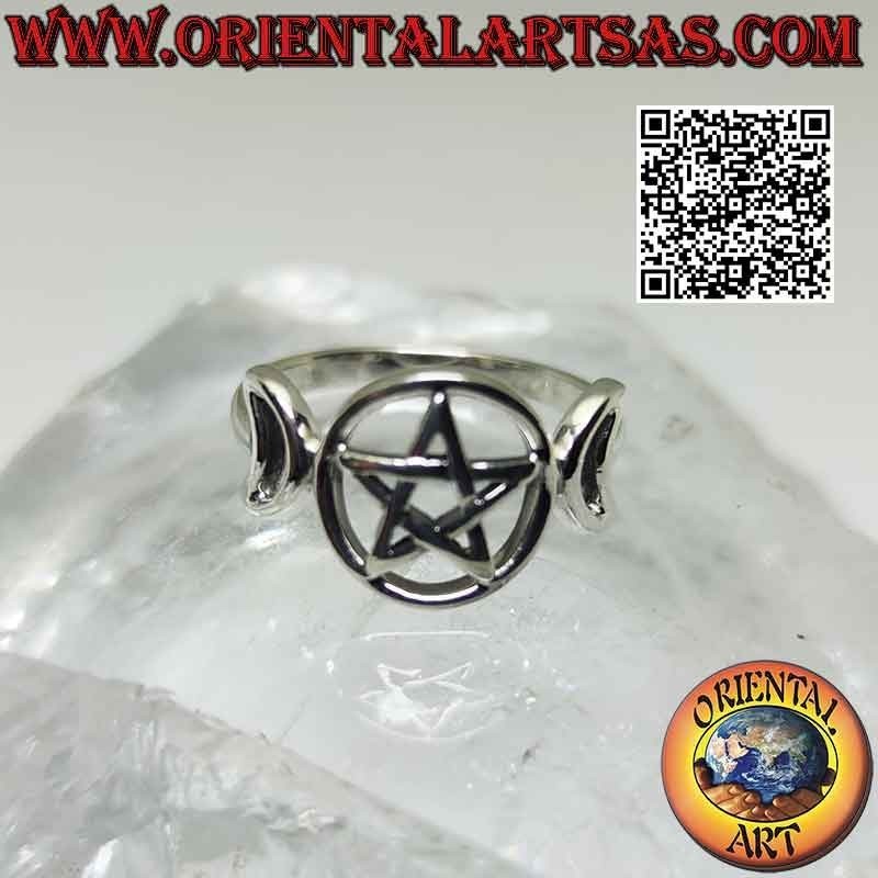 Smooth silver ring with triple moon symbol goddess wicca (pierced pentacle)